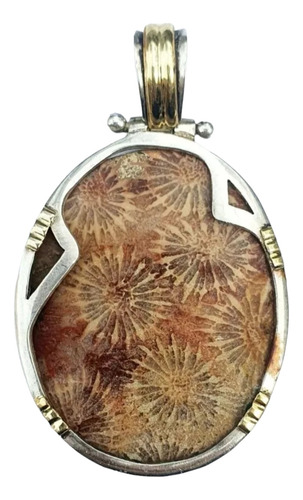  Dije Plata 925 Y Oro Calcedonia Coral Antiguo 42 Mm X 32 Mm