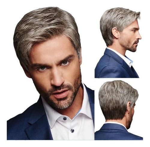 Peluca Para Hombre Peluca De Pelo Oblicuo Marrón Gris