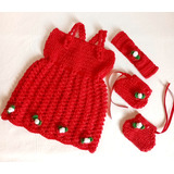Vestido  Kit Crochê Vermelho Delicado, Saída De Maternidade 