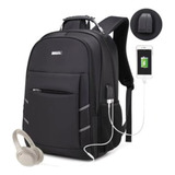 Mochila Notebook Alça De Aço C/ Cabo Usb/fone Ouvido Grande Cor Preto