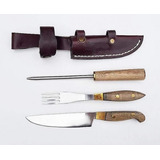 Kit Cuchillo Tenedor Y Chaira Artesanal + Funda Cuero 