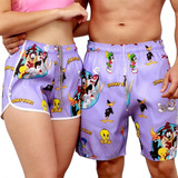 Kit Short Casal Praia Looney Tunes Tac Tel Envio Imediato