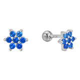 Aros Con Tope Bolita Niña Mujer Plata 925 Flor Azul