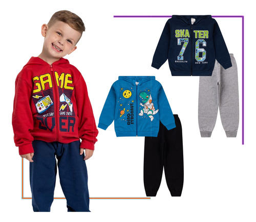 Kit 2 Conjunto Infantil Moletom Inverno C/ Capuz E Zíper Top