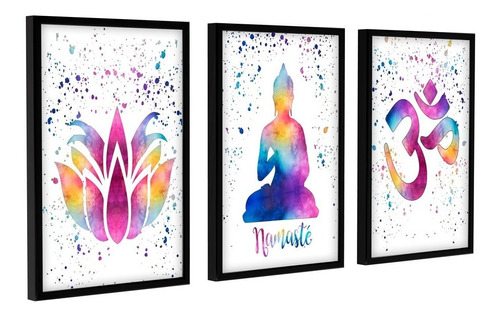 Trio De Quadros Decorativos Místico Buda Flor De Lótus Cores