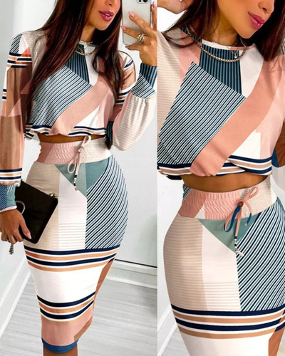 Conjunto De Top De Manga Larga Y Falda Con Cordón Para Mujer