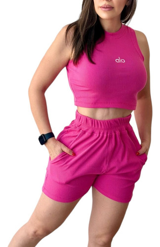 Conjunto Short Alo Yogaa Dama Confort Casual Sport Rosa Unit