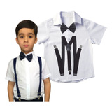 Camisa Infantil Social E Kit Gravata Suspensório Luxo