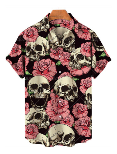 Camisa De Hombre Punk Hawaiana Con Estampado De Calavera