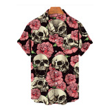 Camisa De Hombre Punk Hawaiana Con Estampado De Calavera