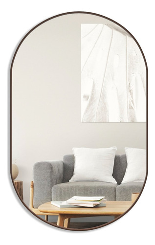 Espelho Oval Decorativo 60x40 Com Borda Em Couro + Suporte