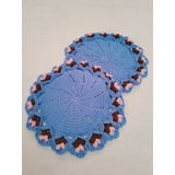 Tapete Redondo Croche Azul Marrom Rosa 42cm Kit 2unid