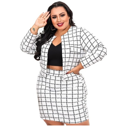 Conjunto Saia + Blazer Casaco Plus Size Xadrez Feminino46/54