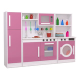 Kit Mini Cozinha Infantil Com Geladeira Lavanderia Rosa Mdf