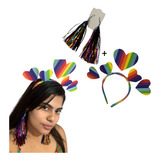 Tiara Coração Colorido + Brinco Pompom Lgbt Carnaval