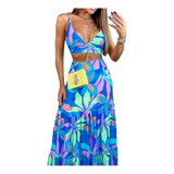 Conjunto Falda Maxi Crop Top Azul Flores Playa Mujer Girboss