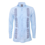 Camisa Guayabera Color Azul Con Bolsillos Bordada En Lino 