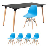 Conjunto Jantar Eames Mesa 140 X80  Cm 4 Lugares Cadeiras Cor Mesa Preto Com Cadeiras Azul Céu