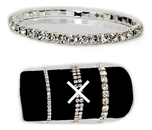 Pulsera Elastizada Strass Plateada 1 Y 2 Hileras Fiesta X12