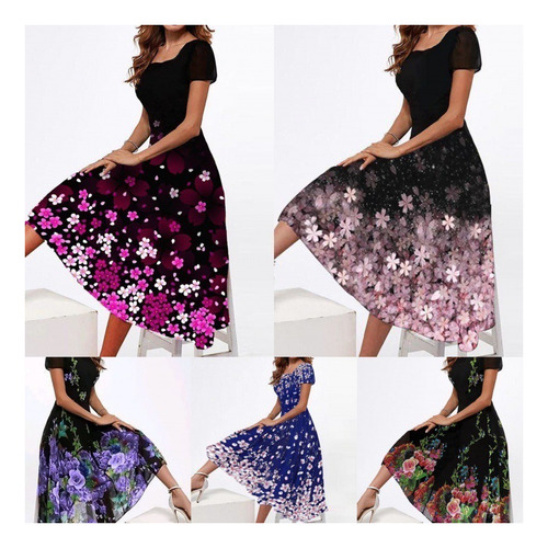 Elegant Women's Long Dress Printed Short Sleeves