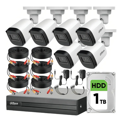 Kit Videovigilancia Cronos 6 Cámaras Dahua Bala B1a21n 2mp + Disco Duro 1tb + Cables + Accesorios - Kit Cctv B1a21n-low-cc (dvr Dahua Xvr1b08-i Circuito Cerrado) | Envío gratis