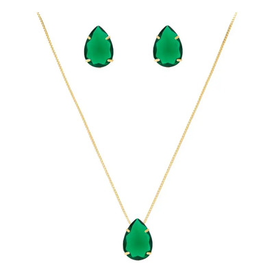 C. Conjunto Colar Brinco Gota Esmeralda Verde Folheado Ouro