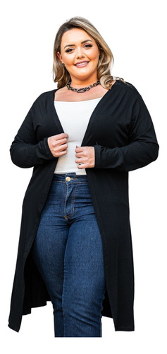 Cardigan Feminino Plus Size Longo Casaco Blusa Manga Longa 