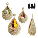 . Cesta Colgante Pared Boho Tejida A Mano Colgar Fruta 3pcs