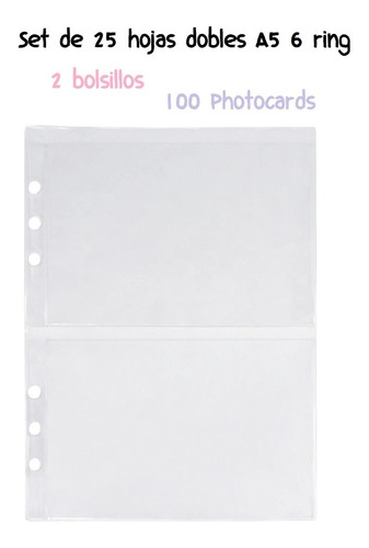 Hojas Protectoras Pc Para Binder A5 2 Pocket 25 Hojas Dobles