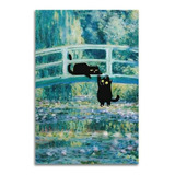 Pintura Al Óleo De Monet Con Lirios De Agua Y Gato Negro - D