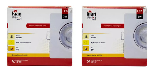 2x Spots Led Mr11 Kian 3w Quadrado Embutir Branco Quente