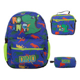 Kit Mochila Infantil Azul Dinossauro Juvenil Envio Imediato