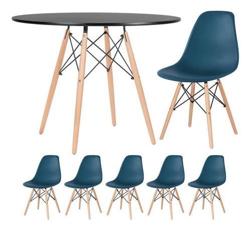 Mesa Jantar Eames Wood 100 Cm 5 Cadeiras Eiffel Coloridas Cor Da Tampa Mesa Preto Com Cadeiras Azul Petróleo