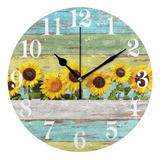 Round Wall Clock Sunflowers Wood Grain Decorative Clock Sile