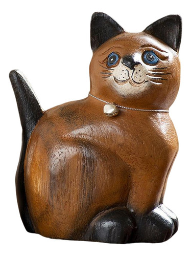 Estátua De Gato Esculpido Em Madeira, E Cabeça Direita
