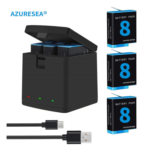 Azuresea 3x Baterías Y Cargador Kit Para Gopro Hero 8 7 6 5