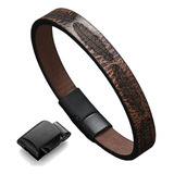 Manilla Pulsera Para Hombre Cuero Plumas Broche Magnético Color Marrón Oscuro Diámetro 6.5   Largo 22