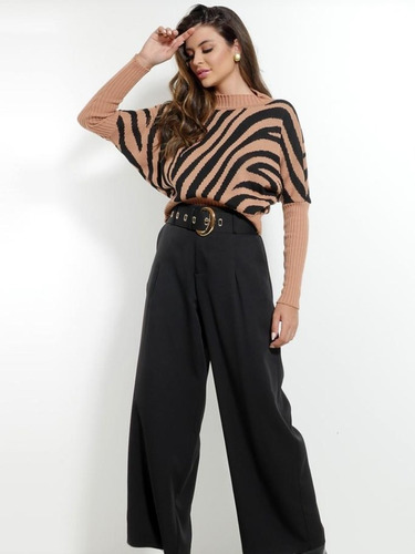 Blusa Malha Feminina Em Tricot Modal Animal Print (zebrado)