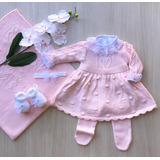 Saída Maternidade De Menina Rosa Bebê Vestido Tricô 4 Peças 