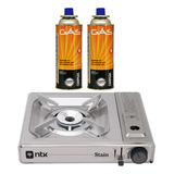 Kit Fogareiro Inox Stain Ntk + 2 Cartuchos De Gas Campgas