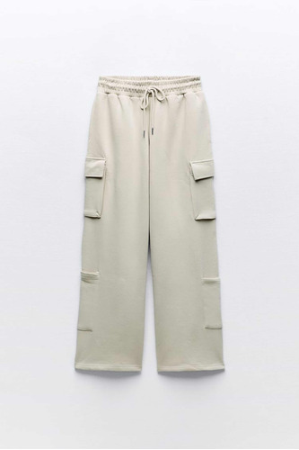 Pantalón Zara Mujer Jogging Con Elástico Cargo Ancho Beige