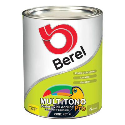 Pintura Vinil-Acrílica Berel Multitono Pro Blanco Mate 4L Interior Exterior | Meses sin interés