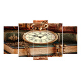 Panel Tipo Canvas 5 Piezas Reloj De Mano Y Libros Antiguos