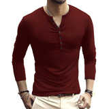 Playeras Hombre Camisa Henley De Manga Larga Liso Cuello V