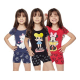 Kit 3 Pijama Roupa De Calor Feminino Infantil Curto Menina