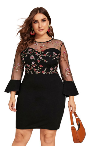 Vestido Ajustado Elegante Con Malla Bordada Floral Curvy 