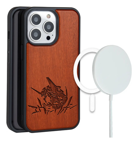 Funda Para iPhone Magsafe Neon Genesis Evangelion Eva 01 Madera Grabada Anime