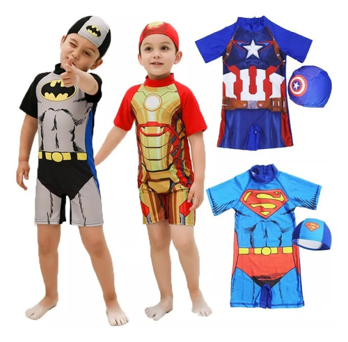 Traje De Baño De Una Pieza Para Niños + Gorro Natacion