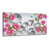 Quadro  Flores Borboletas Rosa Estilo 3d Tecido Canva 130x60