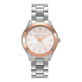 Reloj Michael Kors Mini Slim Runway Mk3514 Plateado Dama Color Del Bisel Oro Rosa